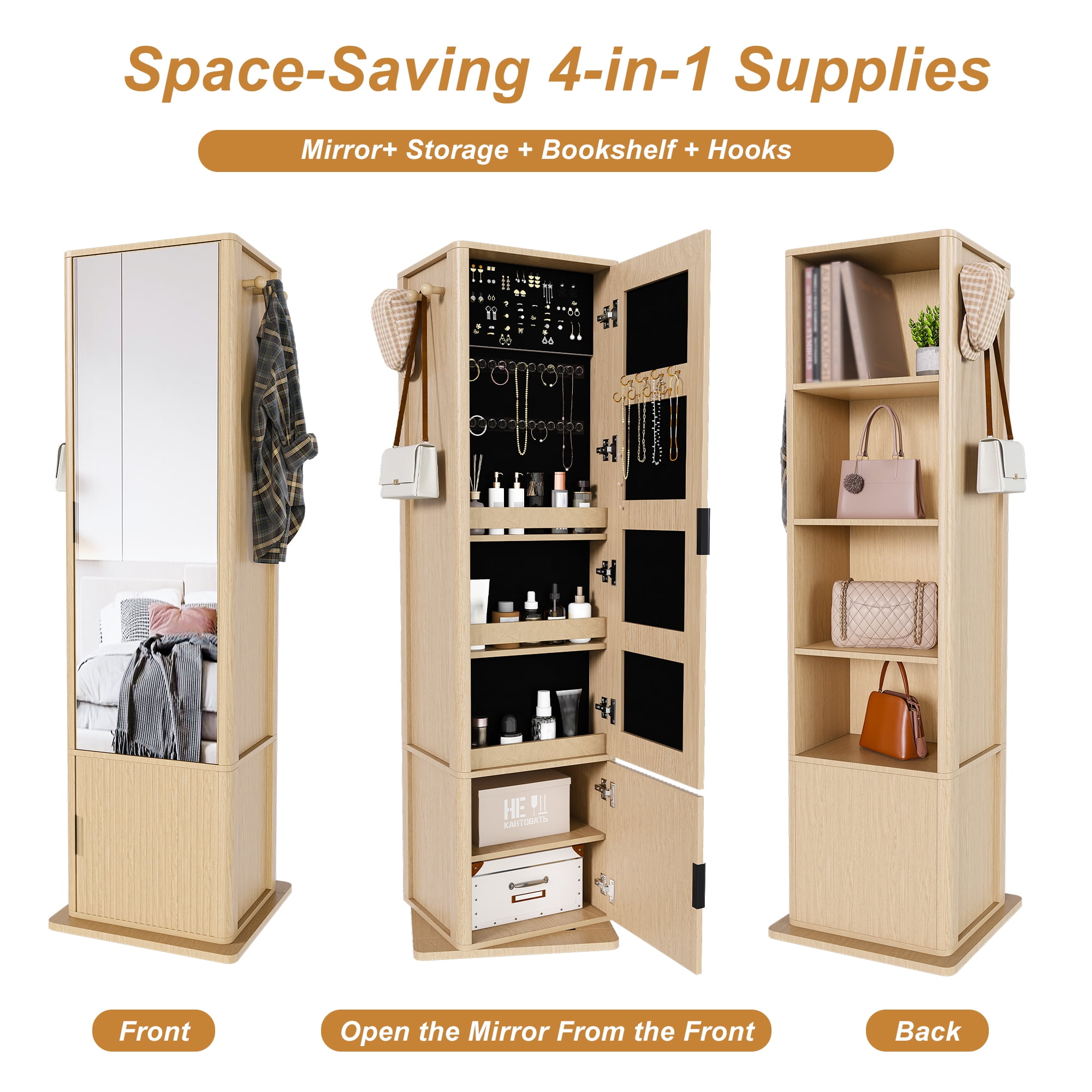 Yoneston 360° Rotating Makeup Cabinet with Full-Length Mirror, 4-in-1 Jewelry Cabinet with 4 Tier Open Shelves & Coat Rack, Standing Storage Cabinet with 2 Doors for Bedroom, Walnut
