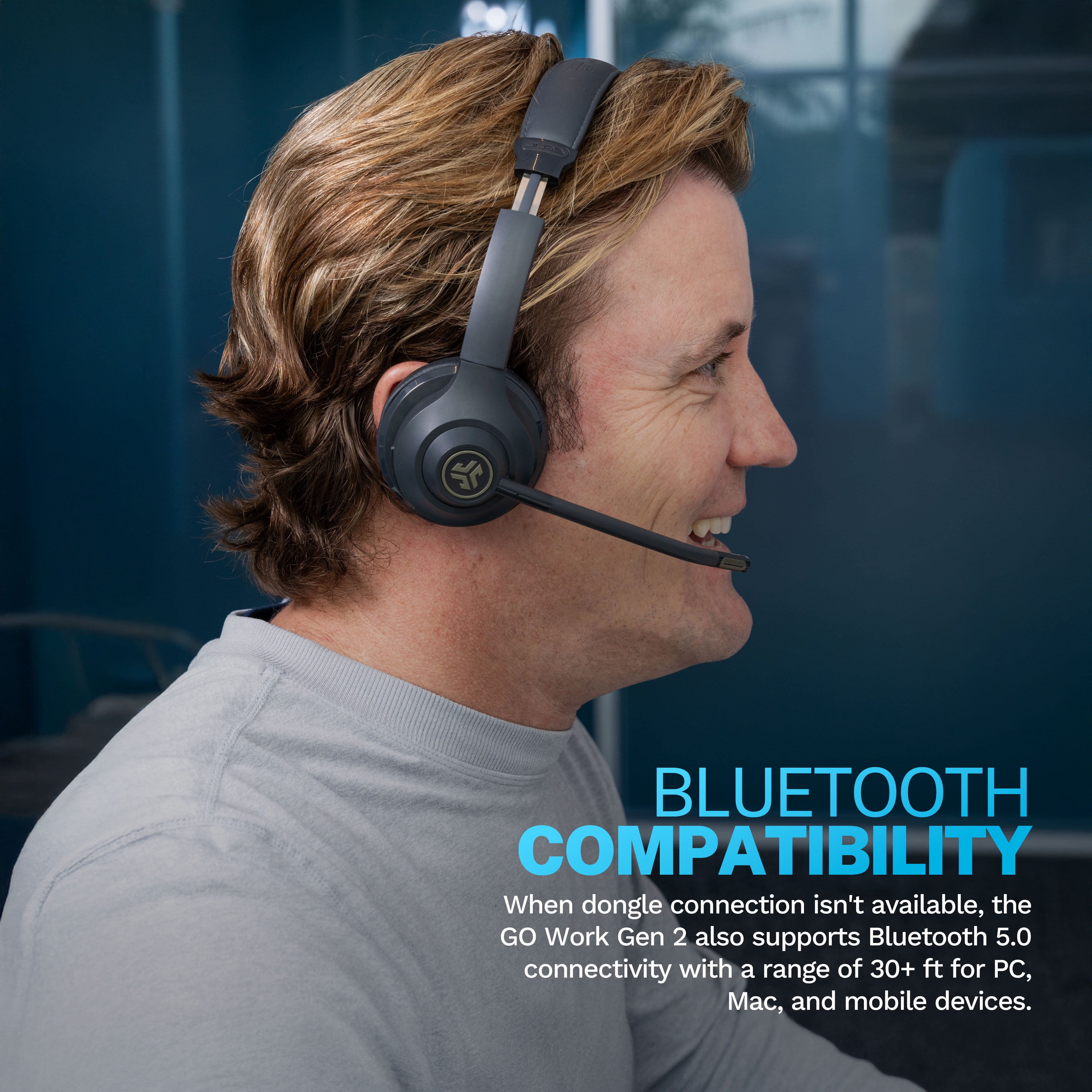 JLab GO Work Wireless On-Ear Headset, Gen 2, 55+ Hours USB-C Dongle Connection & Noise-Canceling Mic