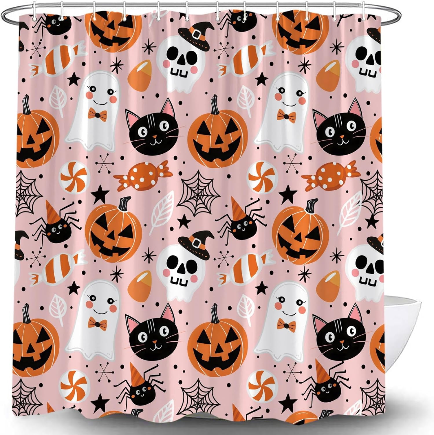 Happy Halloween Shower Curtain Cute Cartoon Pumpkin Spooky Ghost Orange Pumpkin Head Icons Funny Black Cat Spider‘s Web Skull Skeleton Witch Hat Fabric Bath Curtain Set with Hook