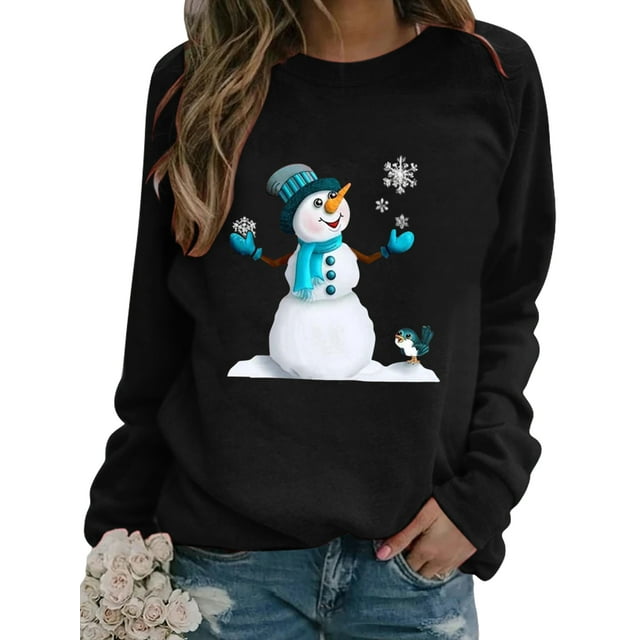 Avamo Femmes Sweat-Shirt de Noël Col Rond T-shirt Santa Claus Imprimé Pull Casual Tops Sport Noir S