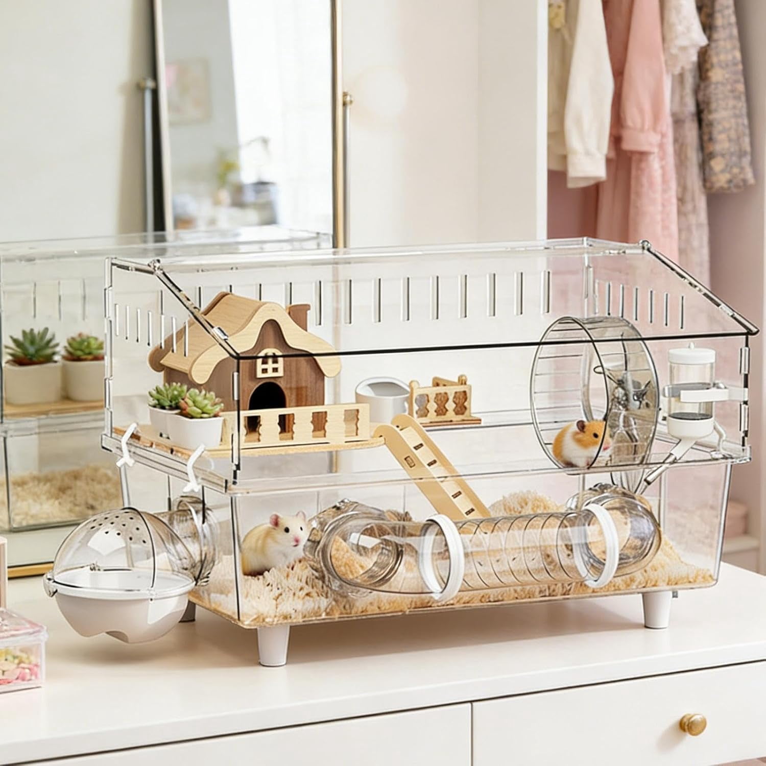 Double Layer Clear Acrylic Hamster Cage, Ventilated, Transparent, for Small Pets