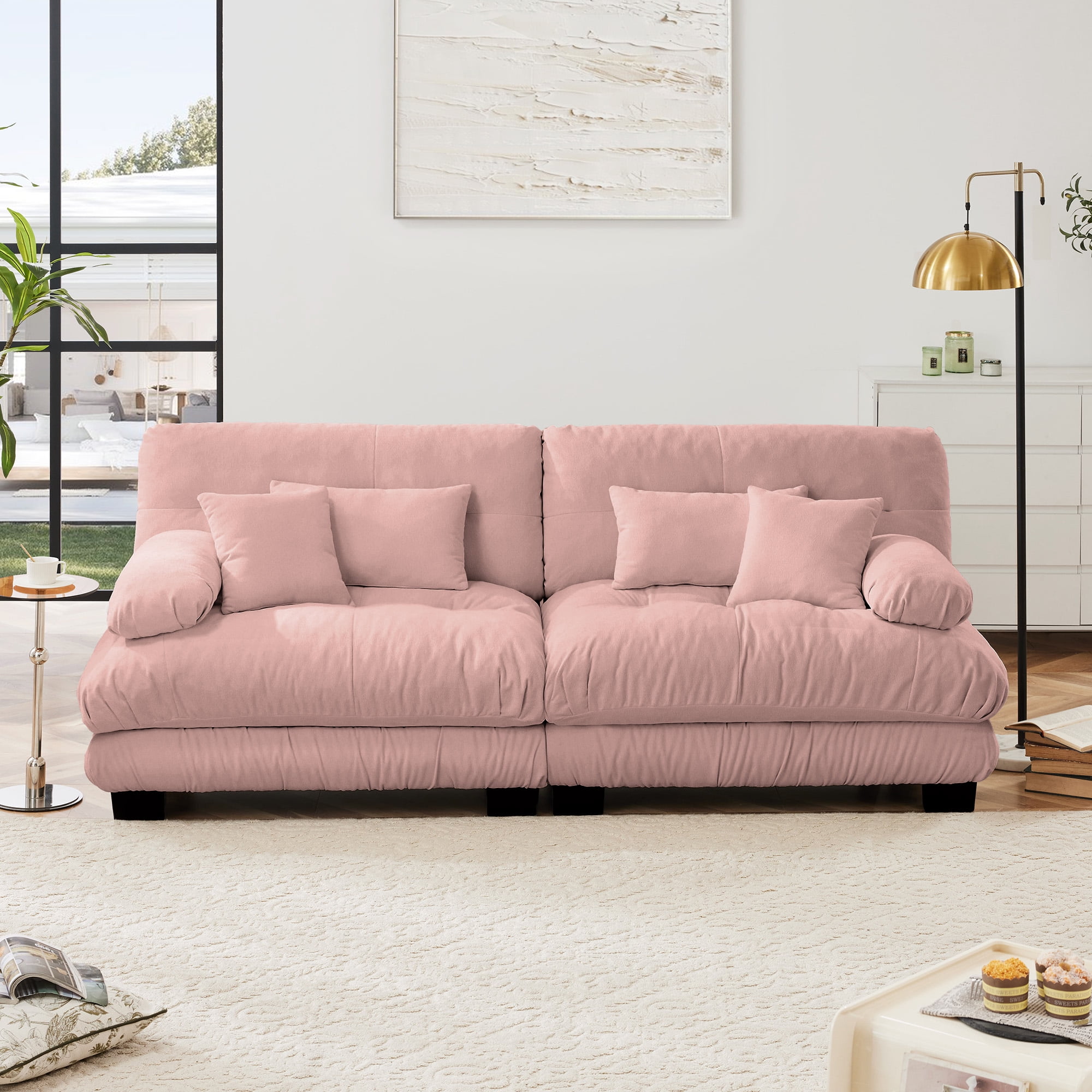 MAYEERTY 99.4in 2 Seater Cloud Sofa Couch for Living Room, Chenille Loveseat Sofa with 2 Lumbar Pillows and 2 Throw Pillows, Pink