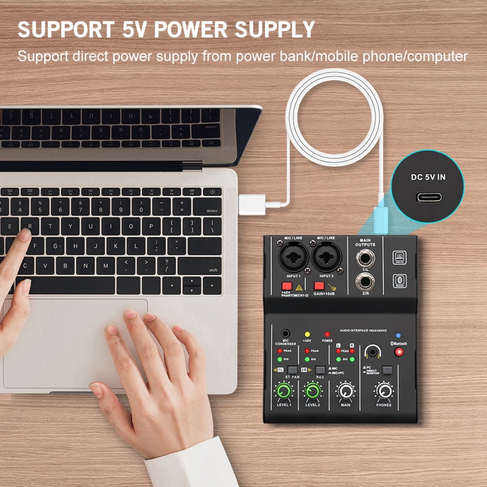 2 Channels Mini USB Mixer Professional Portable Audio Interface Sound Card Console for Guitar Recording Studio Singing