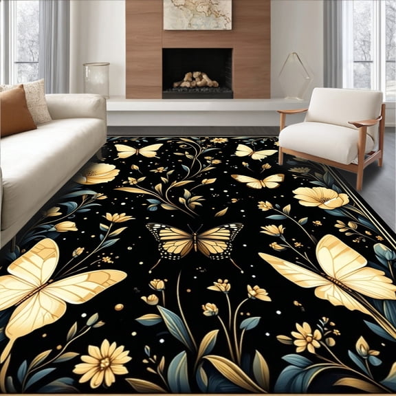 ODIKA 4'x6' Machine Washable Non-Slip Area Rug, Whimsical Floral Bug Motif High Traffic Rug, Gold, 9995