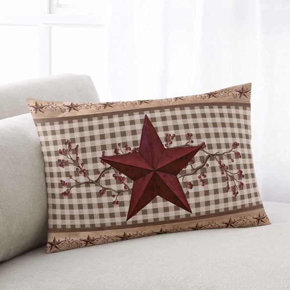 Texas Star Vintage Throw Pillow Covers, Brown Checkered Berry Farmhouse Soft Breathable Pillow Cases with Invisible Zipper for Sleeping, King Size Pillowcases for Couch Bed Sofa Chair 20x36 Inches