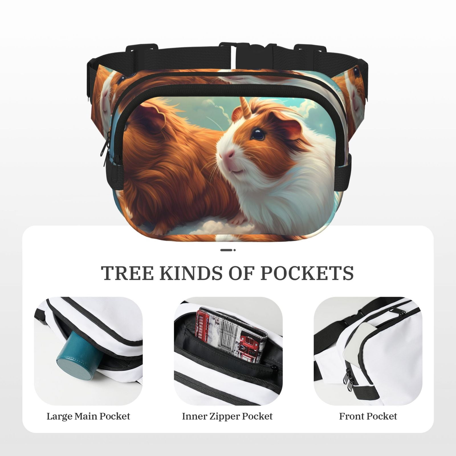 Picia Cloud Guinea Pig Print Square Double-Layer Waist Bag Mini Adjustable Waist Belt Bag Exercise Running Travel Hiking