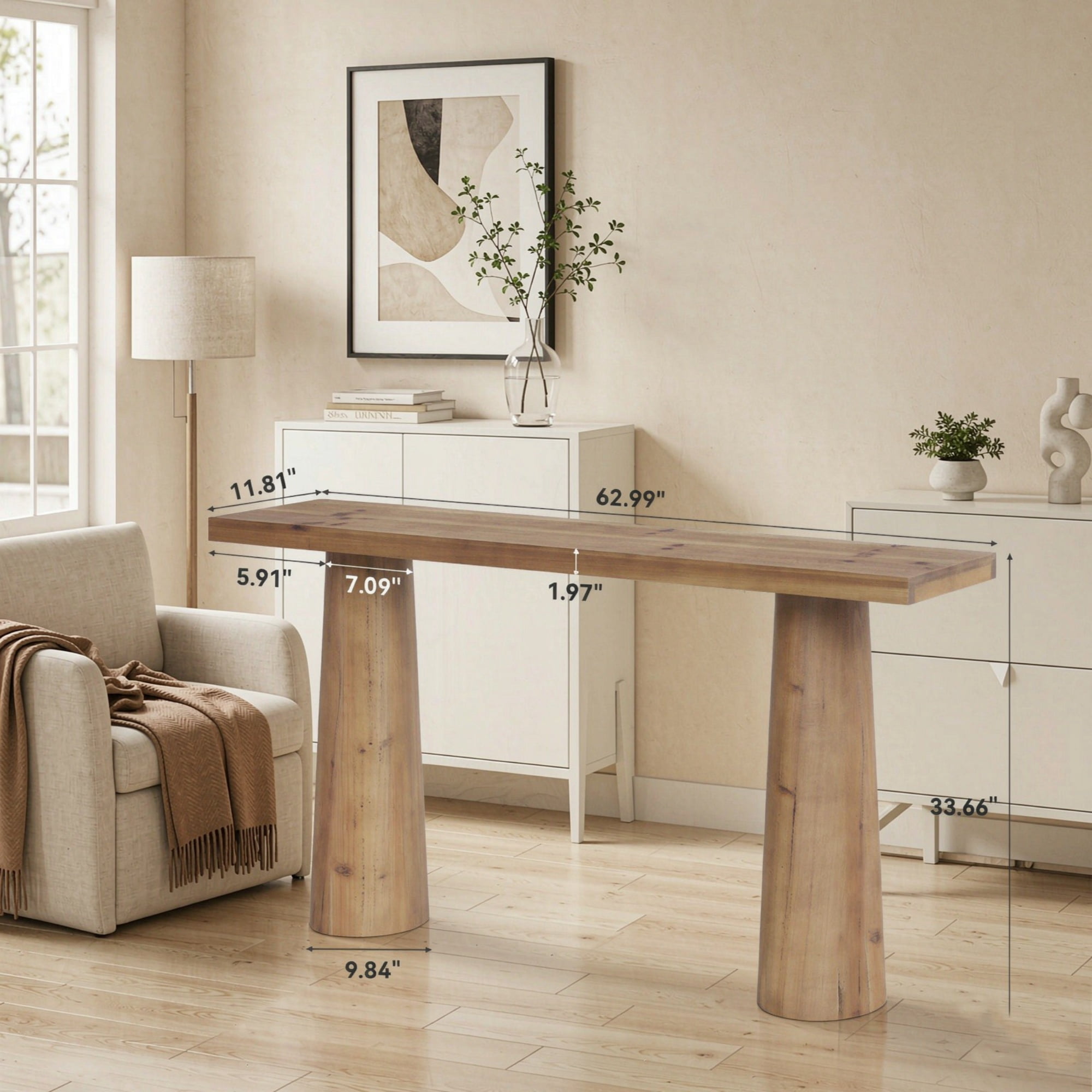 63" Farmhouse Wood Console Table with Cylindrical Legs