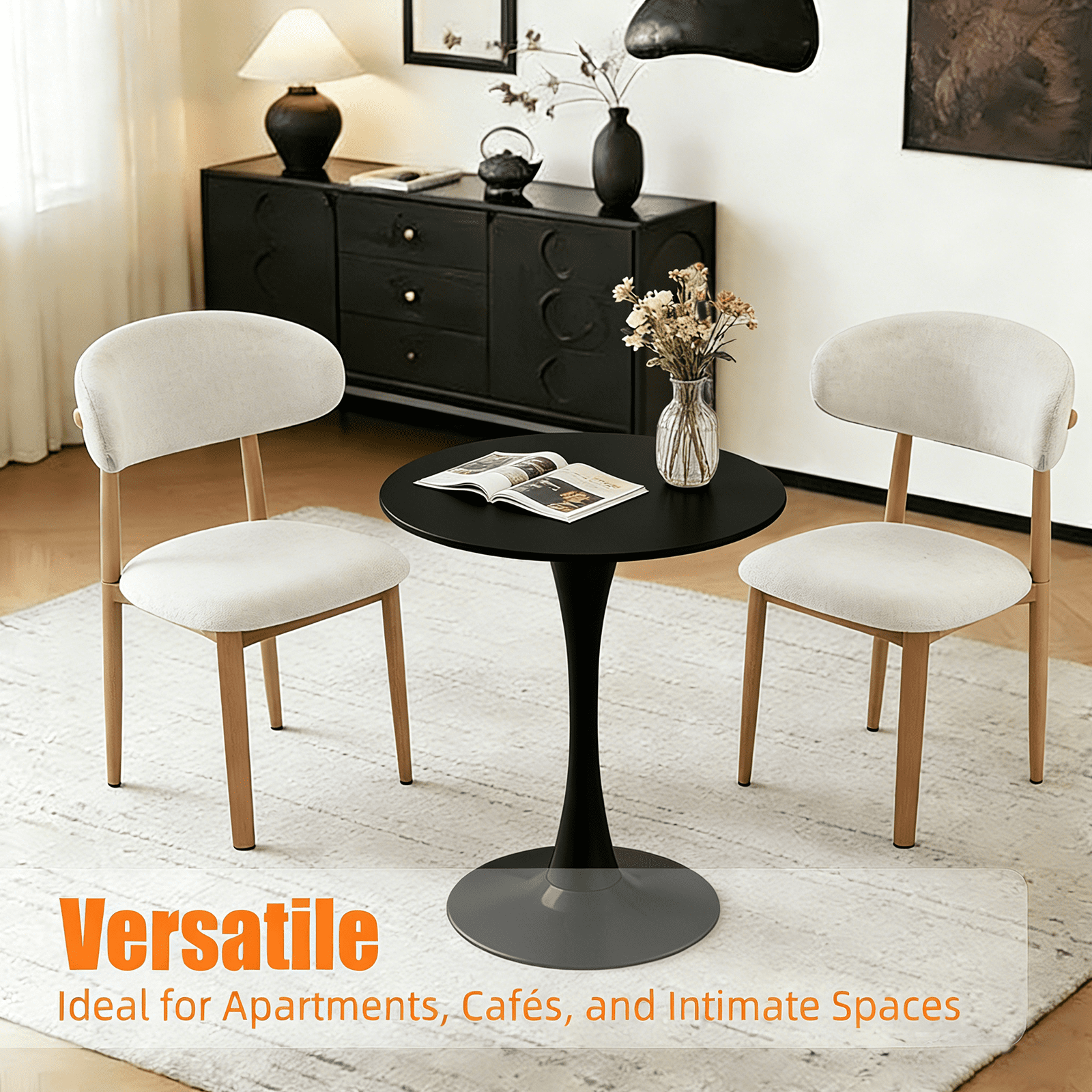 24-Inch Black Round Dining Table with Tulip-Style Single-Column Base, Modern MDF Table for Home Kitchen and Small Spaces, Black