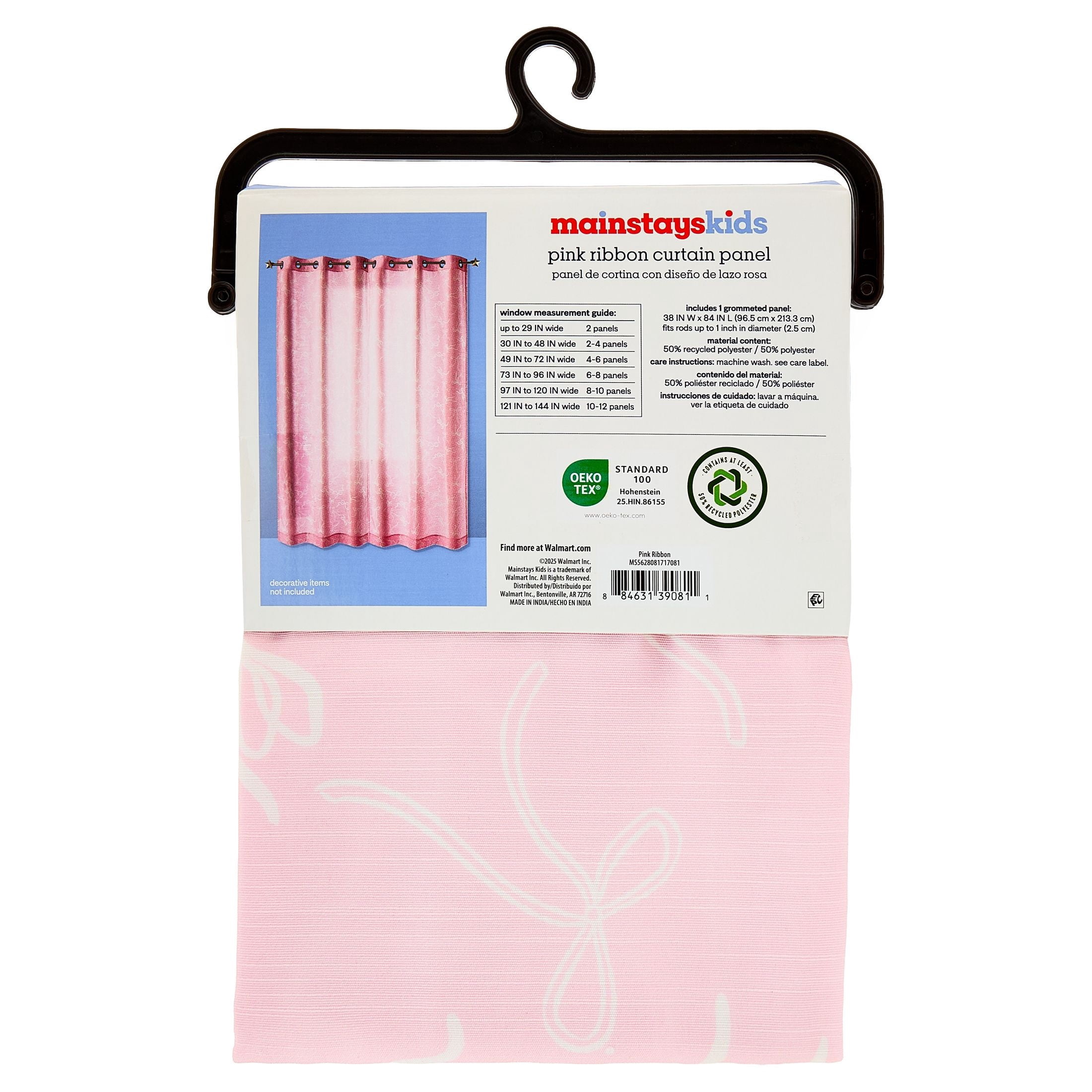 Mainstays Kids Light Filtering Grommet Single Curtain Panel, Pink Ribbons, 38 in x 84 in