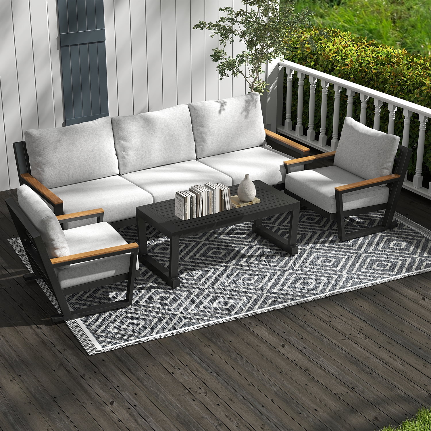 Aluminum Outdoor Patio Furniture Set 5 Seat, Patio Conversation Set with Durable Mesh Rope Weaving, Wide Armrests and Seats, Metal Sofa Set for Patio Grey