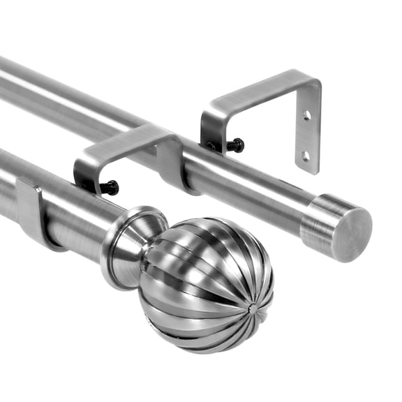 Urbanest Fluted Ball Manhattan 1" 3/4" Double Drapery Curtain Window Rod Set - 48" to 84", Brushed Steel