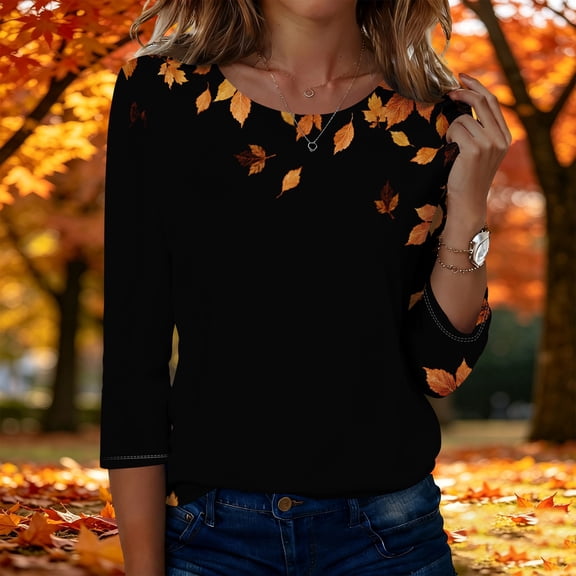 Womens Tops 3/4 Sleeve,Plus Size Fall Shirts for Women Casual Floral Printed Three Quarter Tunic top Loose Fit XL