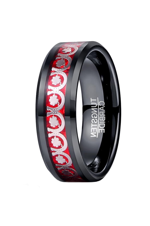 8mm Mens Tungsten Ring with Clover and Horseshoe Pattern Inlaid above Red Background