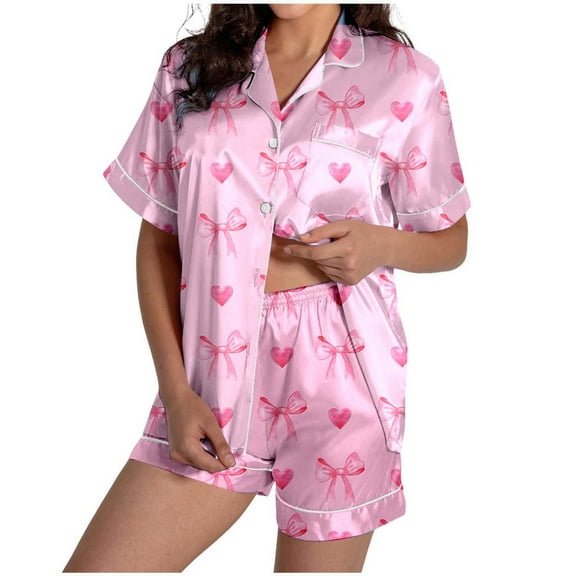 XIAONU Pajama Sets for Women - V Neck Button Pocket Short Sleeves Sleepwear With Printed Valentine Theme Sleep Set