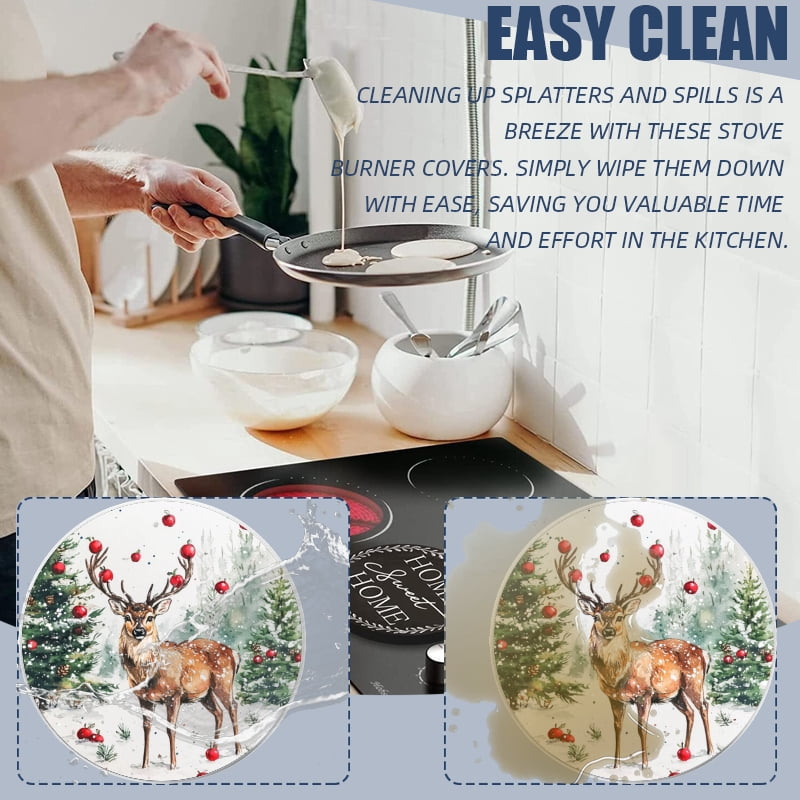 Christmas Burner Covers for Electric Stove, Christmas Deer Snowy Winter Round Xmas Holiday Decorative Metal Stove Burner Cover Kits Set of 4 for Kitchen, 8 Inches and 10 Inches