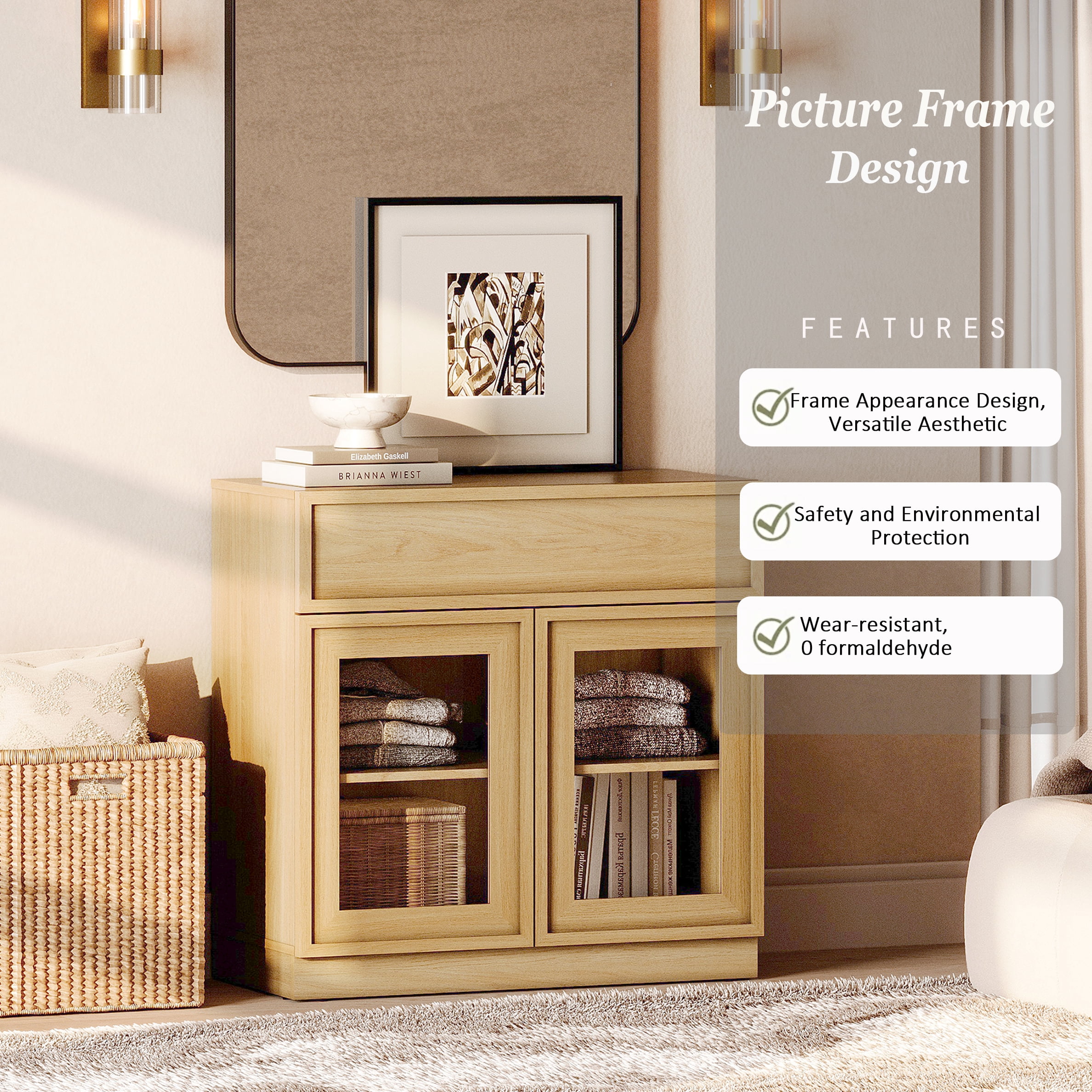 31.5" Modern Sideboard Buffet Cabinet with 2 Glass Doors and Drawer, Multifunctional Sideboard with Large Storage and Adjustable Shelf, Oak
