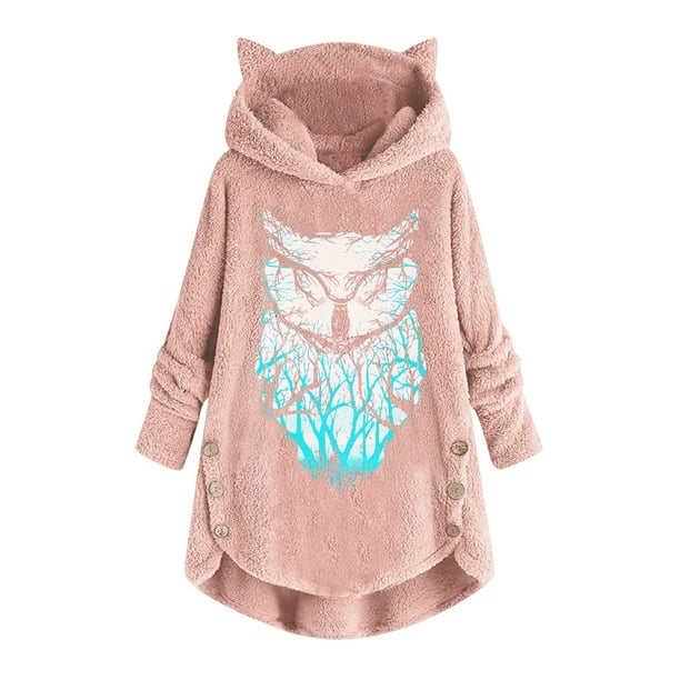 Blusa Navideña Mujer Estampado Casual Orejas de Gato Botones de Felpa Manga Larga Abrigo de Felpa Con Capucha Top Odeerbi ODB121672
