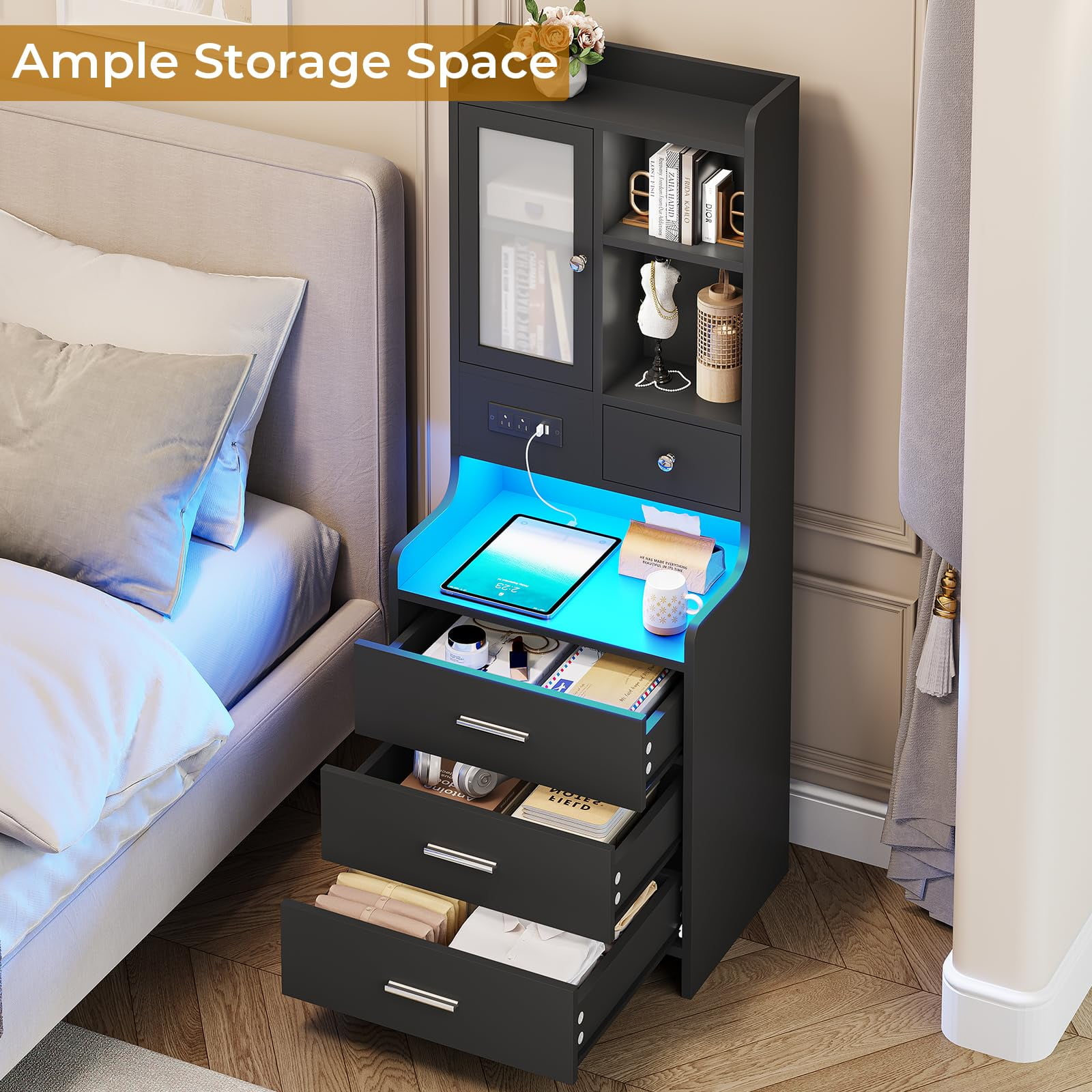 Afuhokles Tall Nightstand with Charging Station, Bedside Table with 4 Drawers, LED Night Stand with Bookshelf, Black