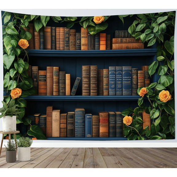 HVEST Vintage Bookshelf Tapestry Wall Hanging Green Plant Book Shelf Floral Wall Tapestry for Bedroom Retro Plant Tapestry for Living Room College Dorm Home Decor,60x40 inch