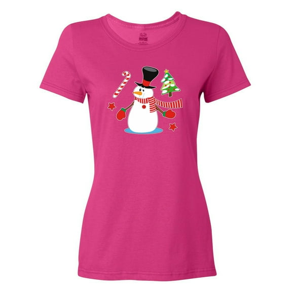 Inktastic Top Hat Snowman with Christmas Tree and Candy Cane Women's T-Shirt
