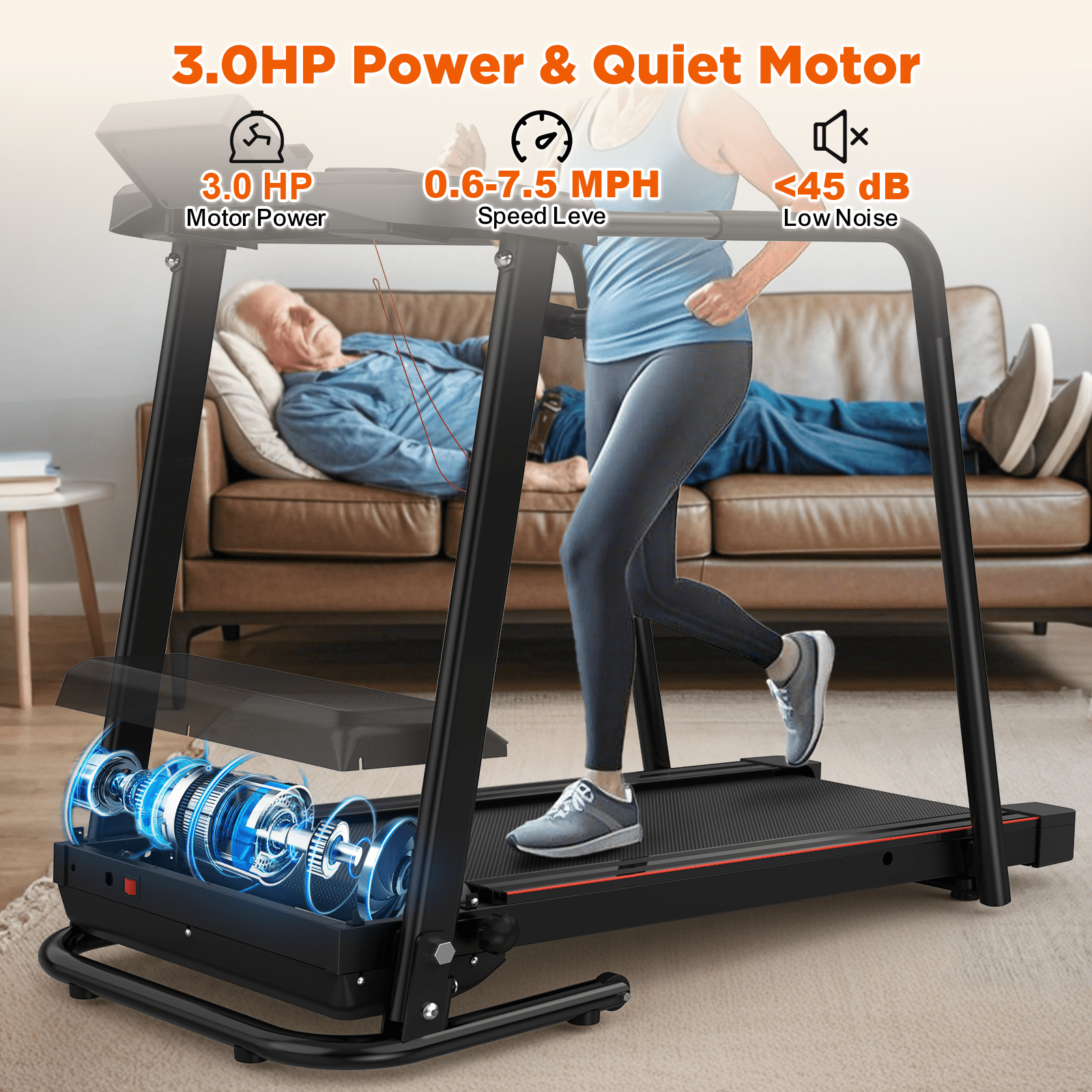 imerelez 3.0HP Walking Treadmill for Seniors - Extended Safety Handrails, 300LB Capacity, Foldable Design for Elderly Home Use​