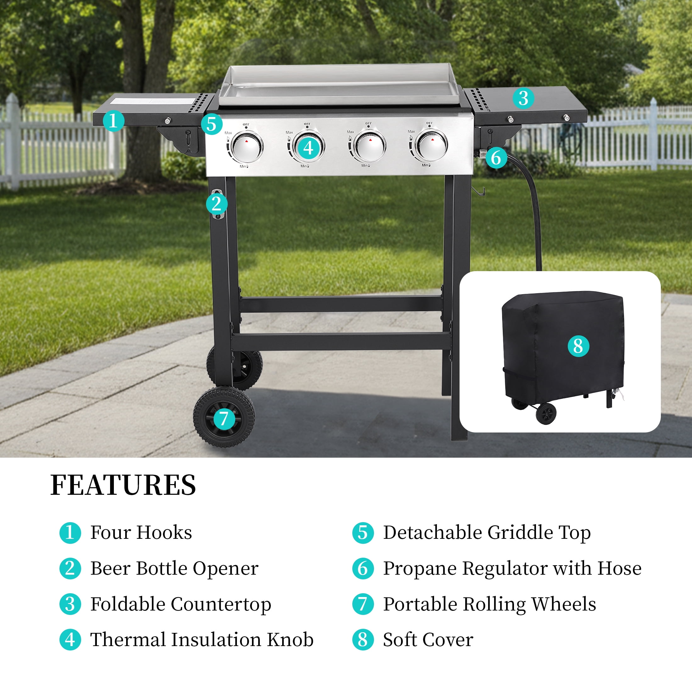 Flat Top Gas Grill 40000 BTU, 4 Burner Propane Griddle with Stainless Steel Pan, Side Shelves, and Wheels, Easy Clean