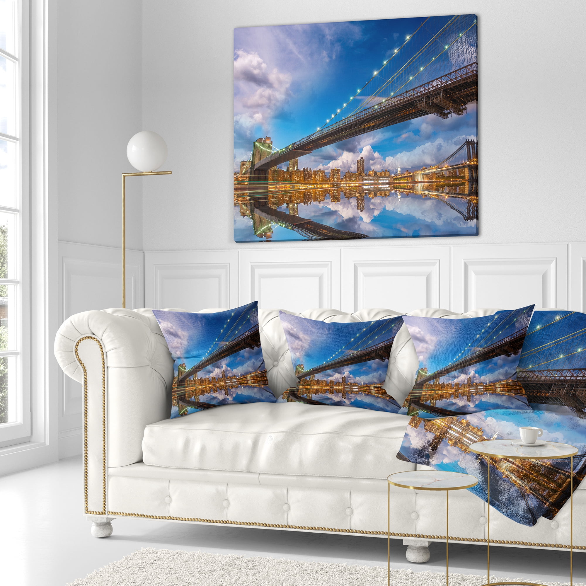 Designart Sunset Over Brooklyn Bridge - Cityscape Photo Throw Pillow - 16x16