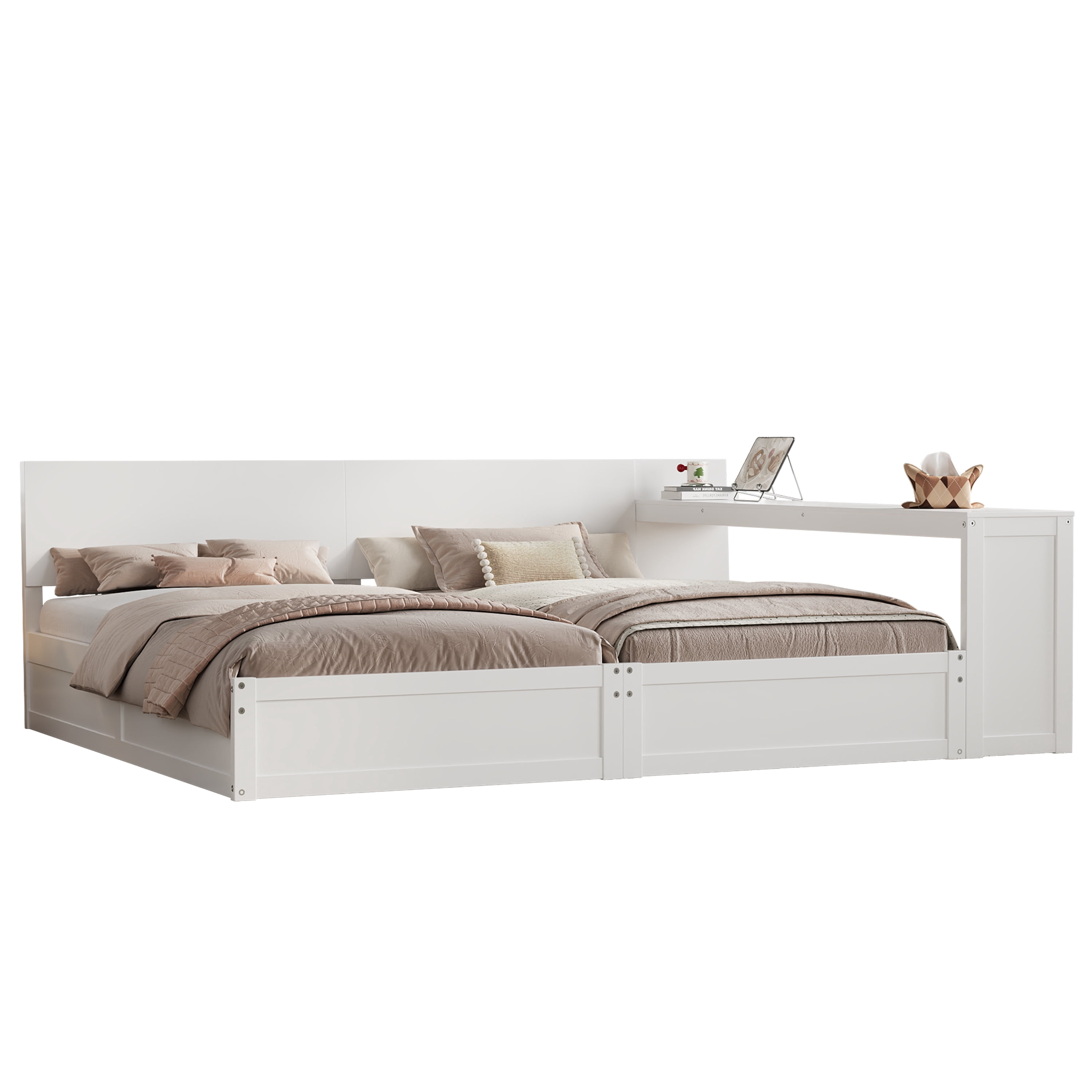 Mintazer Twin Size Double Platform Bed Frame with Adjustable Middle Storage Desk, 2 Twin Beds with Movable Workstation for Kids Teen Shared Bedroom Guest Room, White