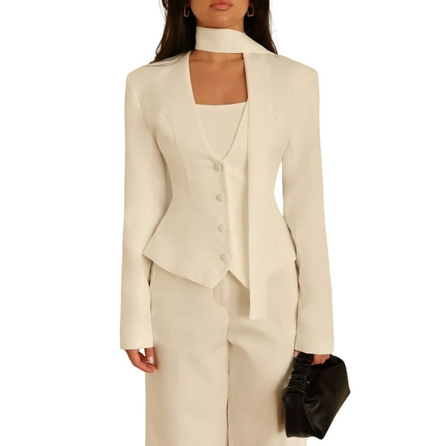 Chaqueta de Traje de Larga para Mujer, Color Liso, Cuello en V, Corte Entallado y Hombreras M