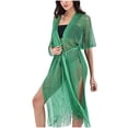 thumbnail image 2 of Women's Open Front Mesh Knit Beach Cover Up with Tassel Tie Waist Maxi Kaftan Cardigan for Swimwear Summer Vacation Casual Summer Swim Cover up Green One Size, 2 of 6