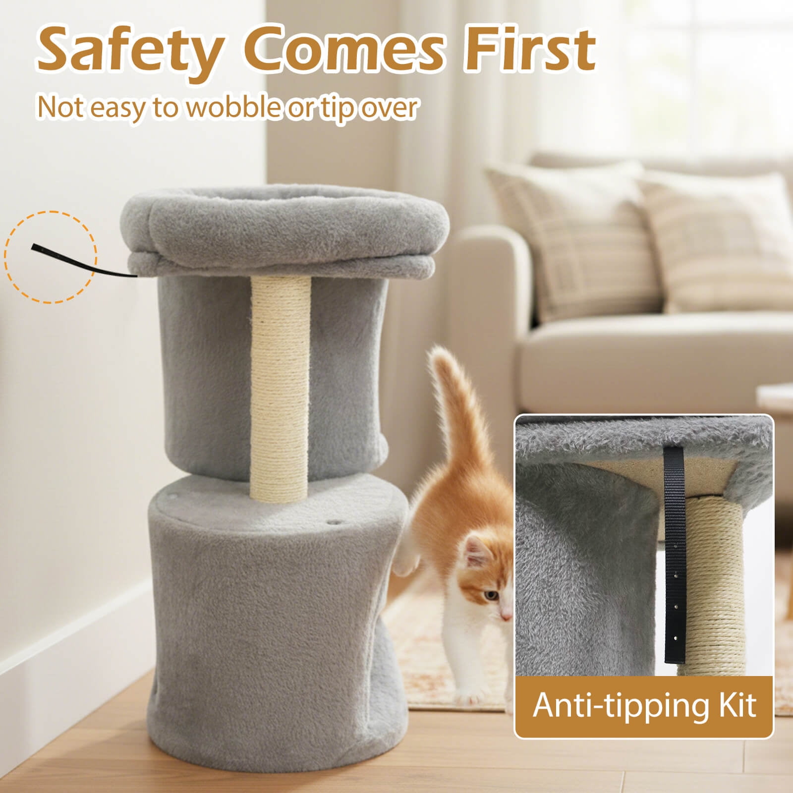 Costway 26” Small Cat Tree with Large Padded Plush Perch, 2 Condos, Sisal Scratching Posts Light Gray