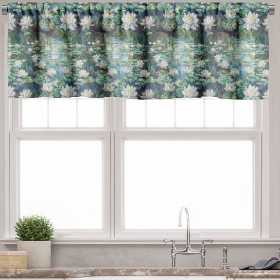Ambesonne Lotus Window Valance, Vintage Lakey Floral Scenery, 42" X 18", Coconut Jade Green Blue