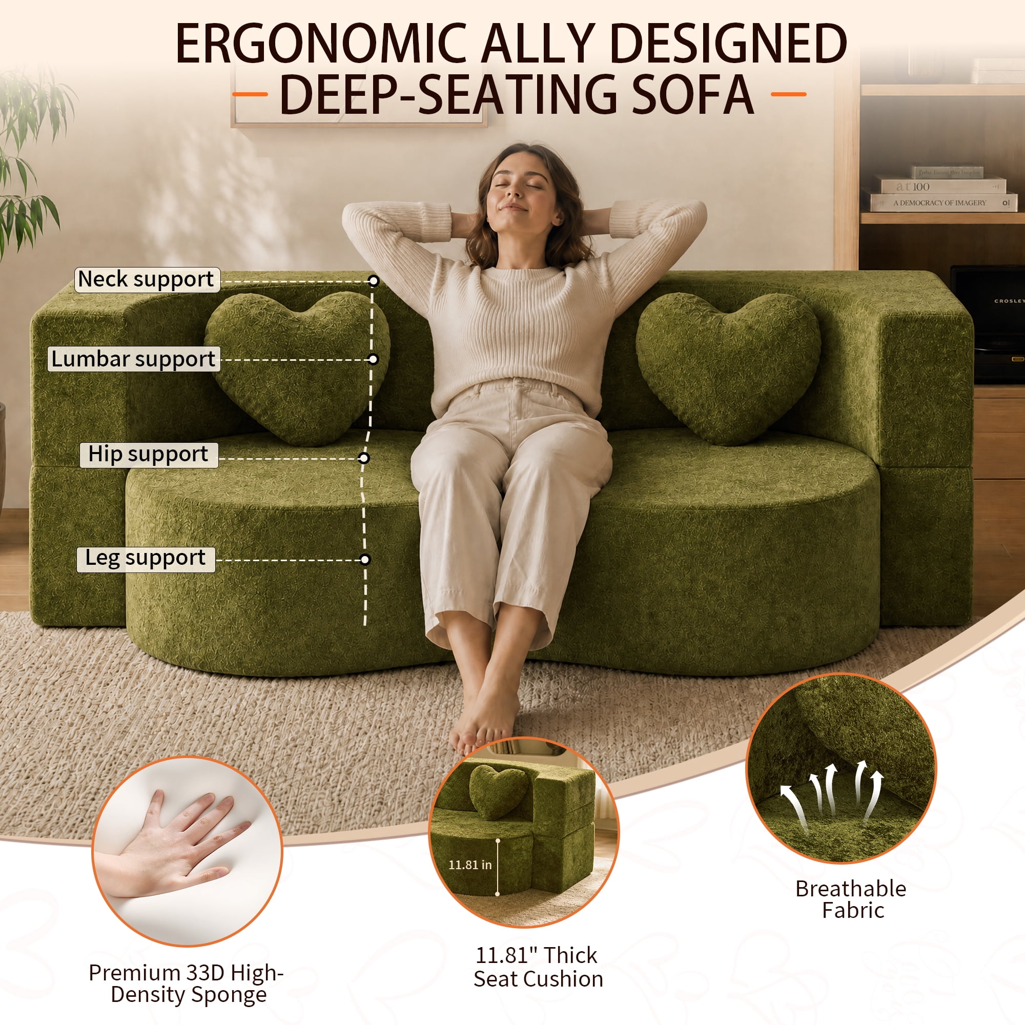 78.74"W Heart-Shaped Convertible Sofa,Floor Couch,Sleeper Sofa Bed,No Assembly High-Density Sponge Loveseat with 2 Heart Pillows for Living Room, Apartment,Olive Green