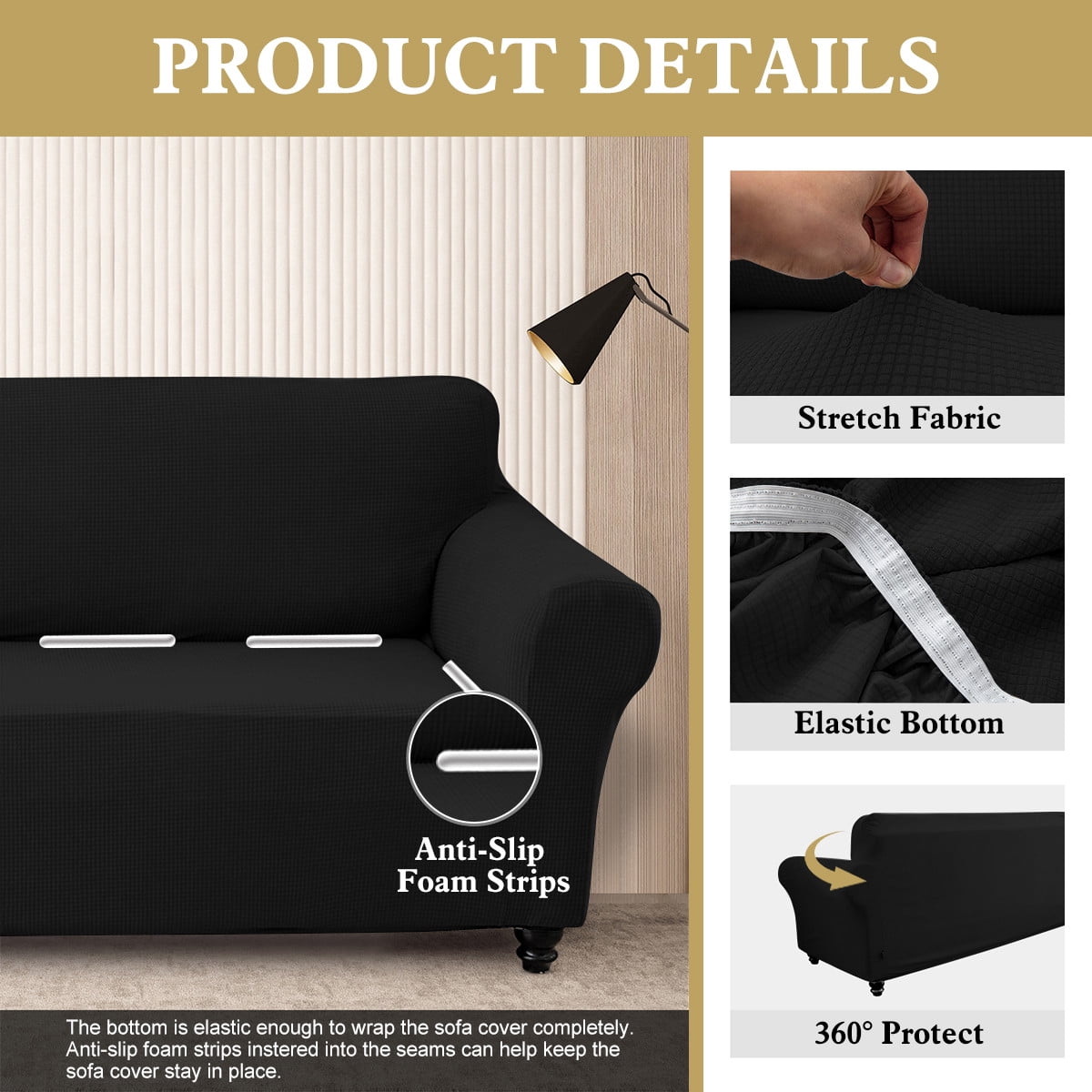 Sanmadrola Couch Cover Water Resistant Stretch Sofa Slipcover Jacquard Furniture Protector for Kids Pets Dog Cat, Black, Sofa