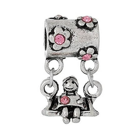 Little Girl on Swing w/ Pink Crystals European European Bead Compatible for Most European Snake Chain Charm Braceletss