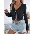 thumbnail image 3 of Women'S Light-Weight Shrugs Crochet Sweaters Tie Front 3/4 Sleeve Cropped Cardigan for Spring Summer Black XL, 3 of 8