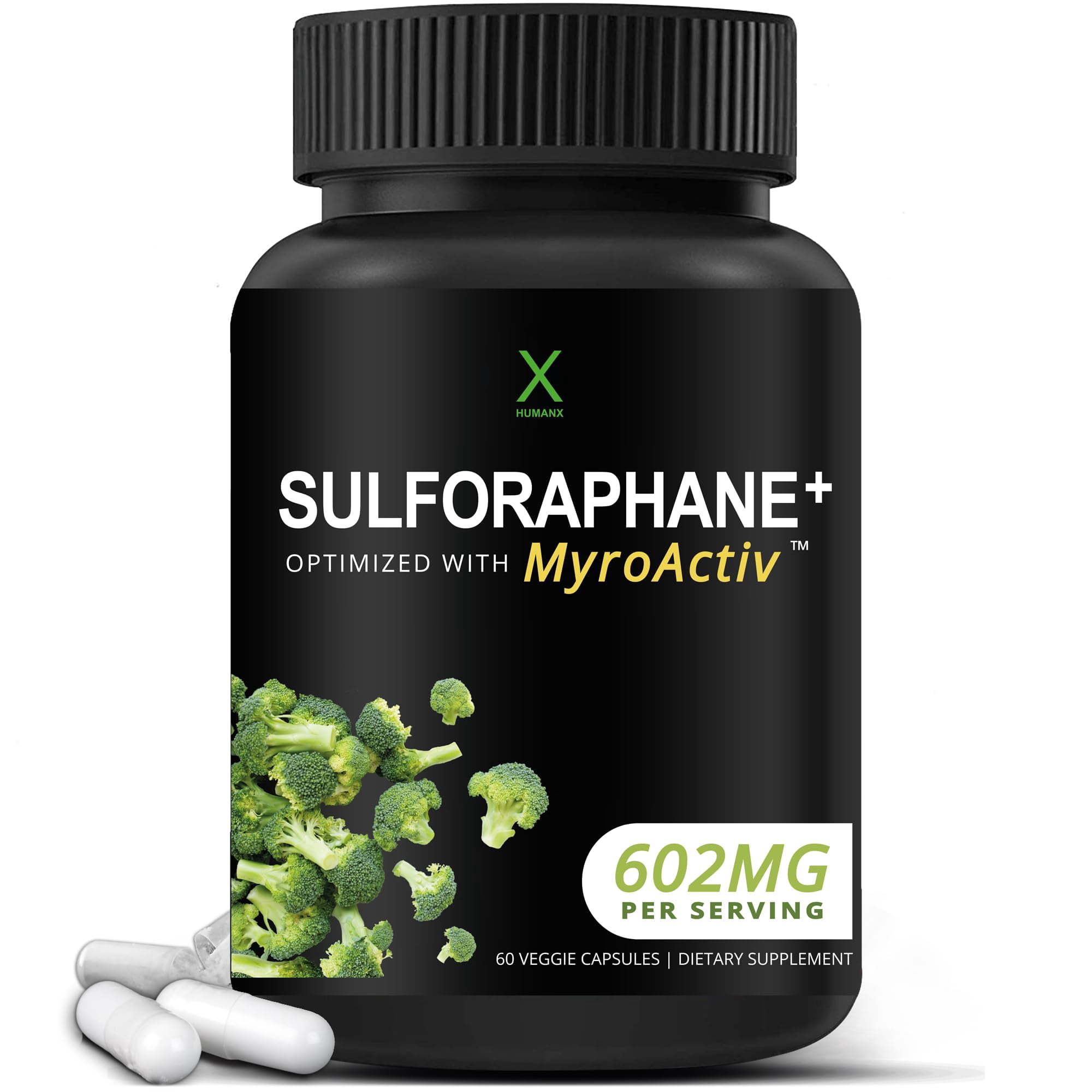 Sulforaphane+ 602mg - Contains Broccoli Seed Extract with +30mg Glucoraphanin, Moringa Extract & Myrosinase - Supports Antioxidant Production, Detoxification, and Cellular Health - by Humanx