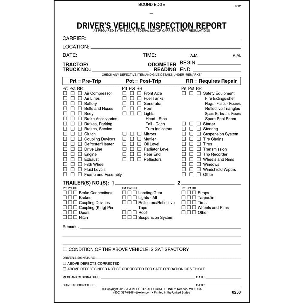 Detailed Driver Vehicle Inspection Report Book (Pre- & Post-Trip) 25-pk., 2-Ply Carbonless, 5.5"x8.5", 31 Sets of Forms Per Book