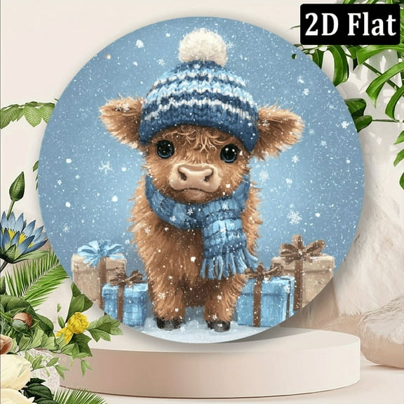2D Flat Decorative Signs Plaques Festive Highland Cattle Metal Wall Decorative Signs 8*8inch Round Plaque with Winter Themed Snowflakes, Gifts and Cozy Knitted Hats - Country Home, Kitchen