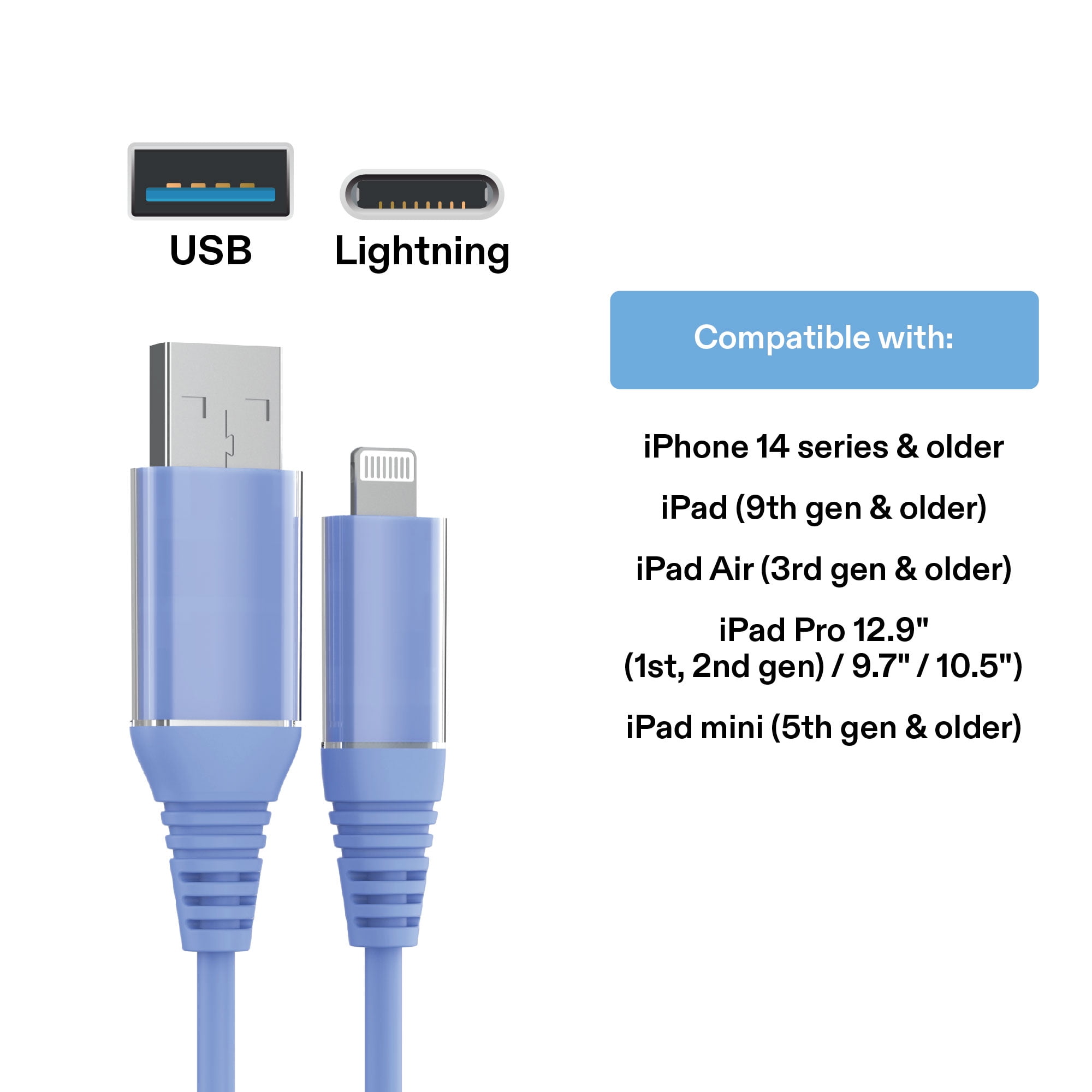 onn 6ft Lightning to USB Charging Cable, MFI Certified, Blue - Compatible with iPhone 14/13/12/11/X/XR/XS/8/7/6/5, iPad, Airpods and more