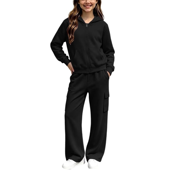 Glisme Girls Outfit Set Solid Color Zip Long Sleeve Hooded Tees With Pocket Pants Set Comfortable Girls Outfit Size 5-6 Years Black
