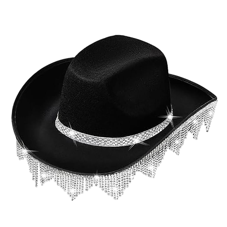 ☔️?Black & Rhinestone Band Wide Brim Cowgirl Hat Medium CXQRR Glitter Silver Black Cowboy Hats for Women - Western  main image 4