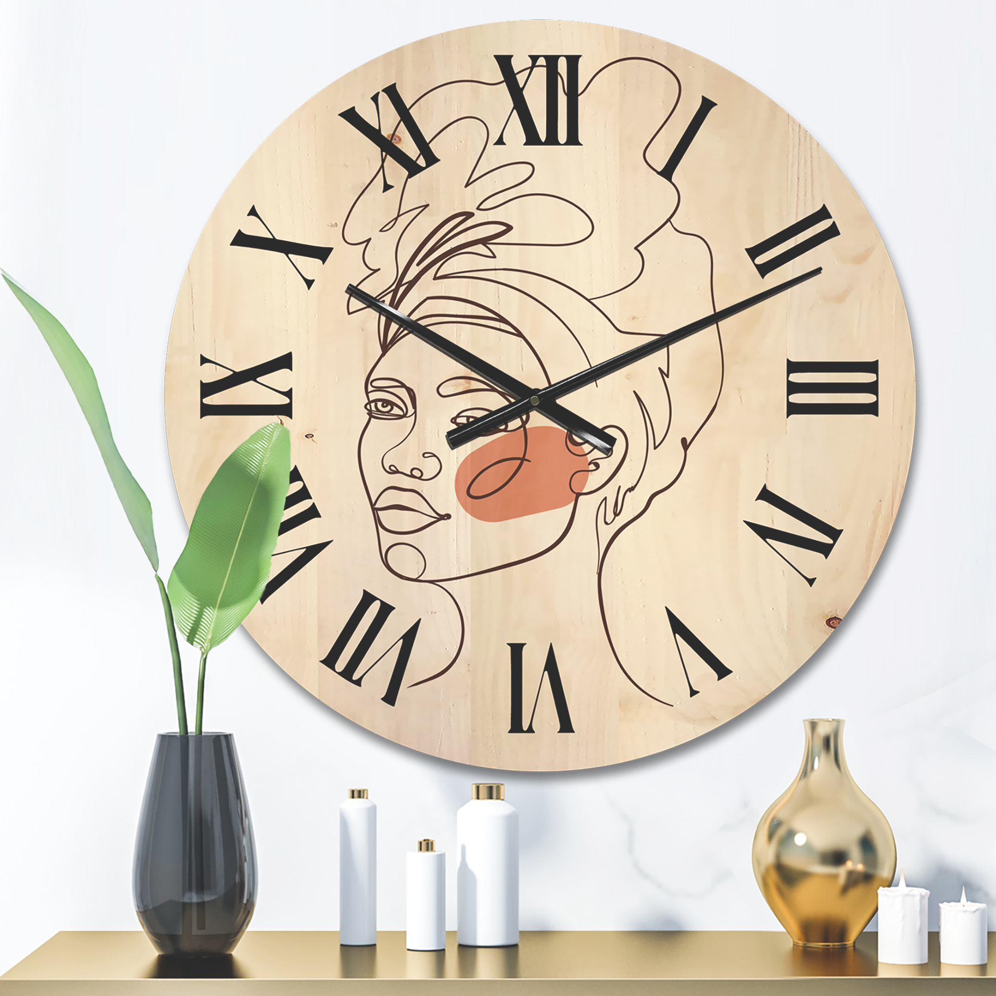 Designart 'One Line Portrait of Afro American Woman III' Modern Wood Wall Clock