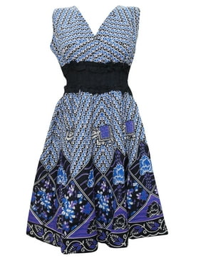 Mogul Women's Maxi Dress Sleeveless Floral Prined Sexy Blue Dress