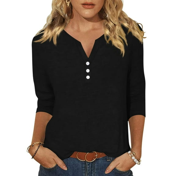 Summer Women Shirt Women's Fashion Casual Solid Colour V-Neck Button Up 3/4 Sleeve T-Shirt Top