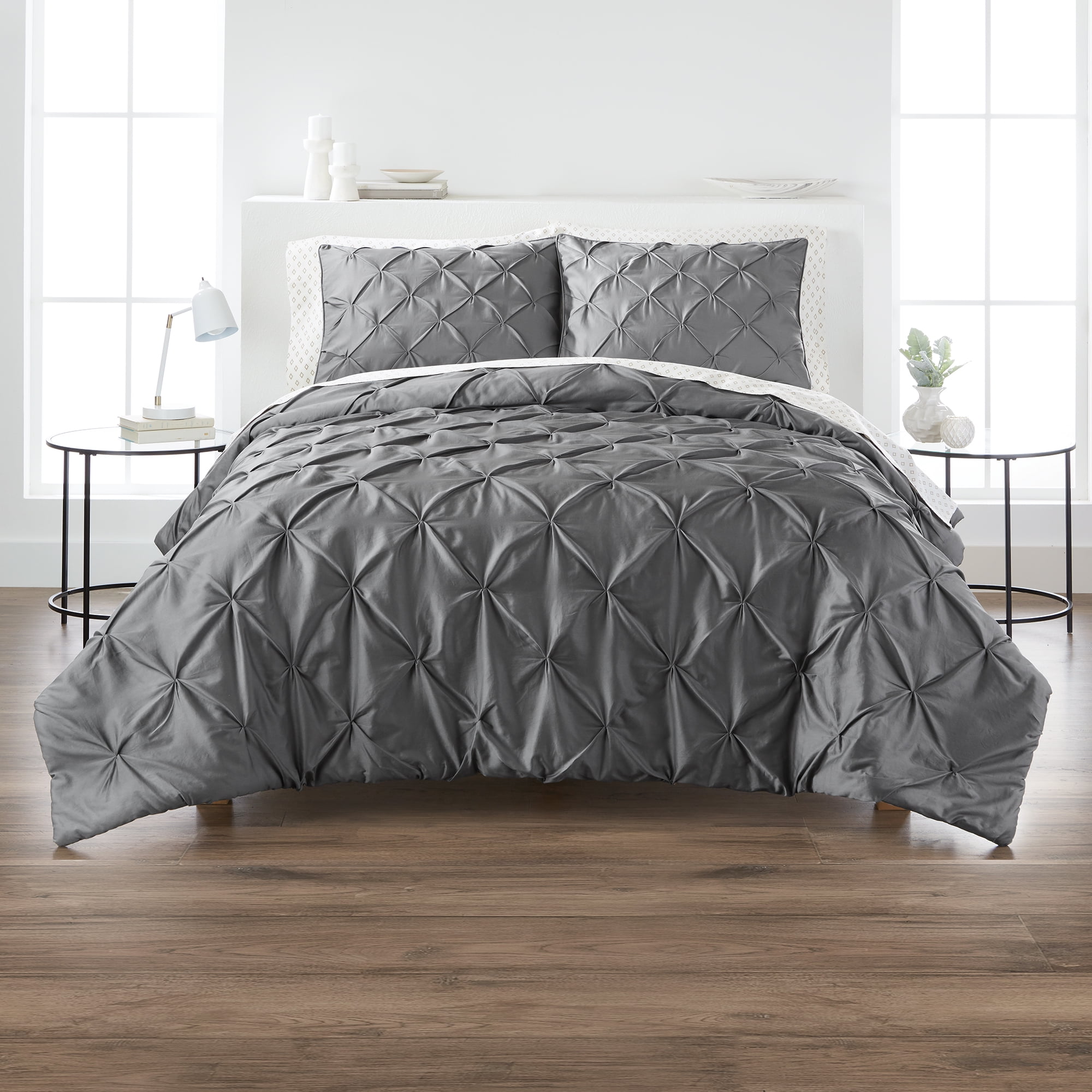 Gray Queen Size Comforter Set Quilted Soft All Season Bedding Home Pintuck Solid 