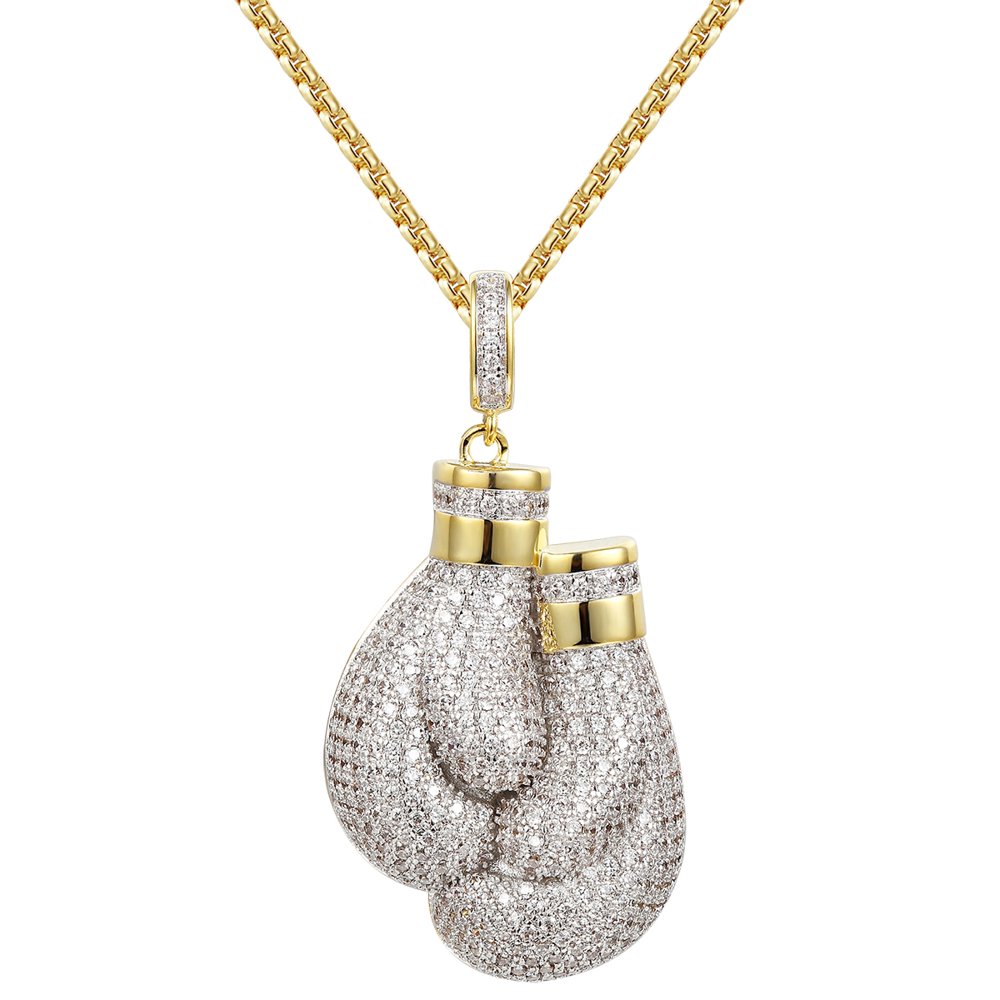 Master Of Bling Boxing Gloves Custom Pendant 14k Gold Finish Solitaire Tennis Chain Box