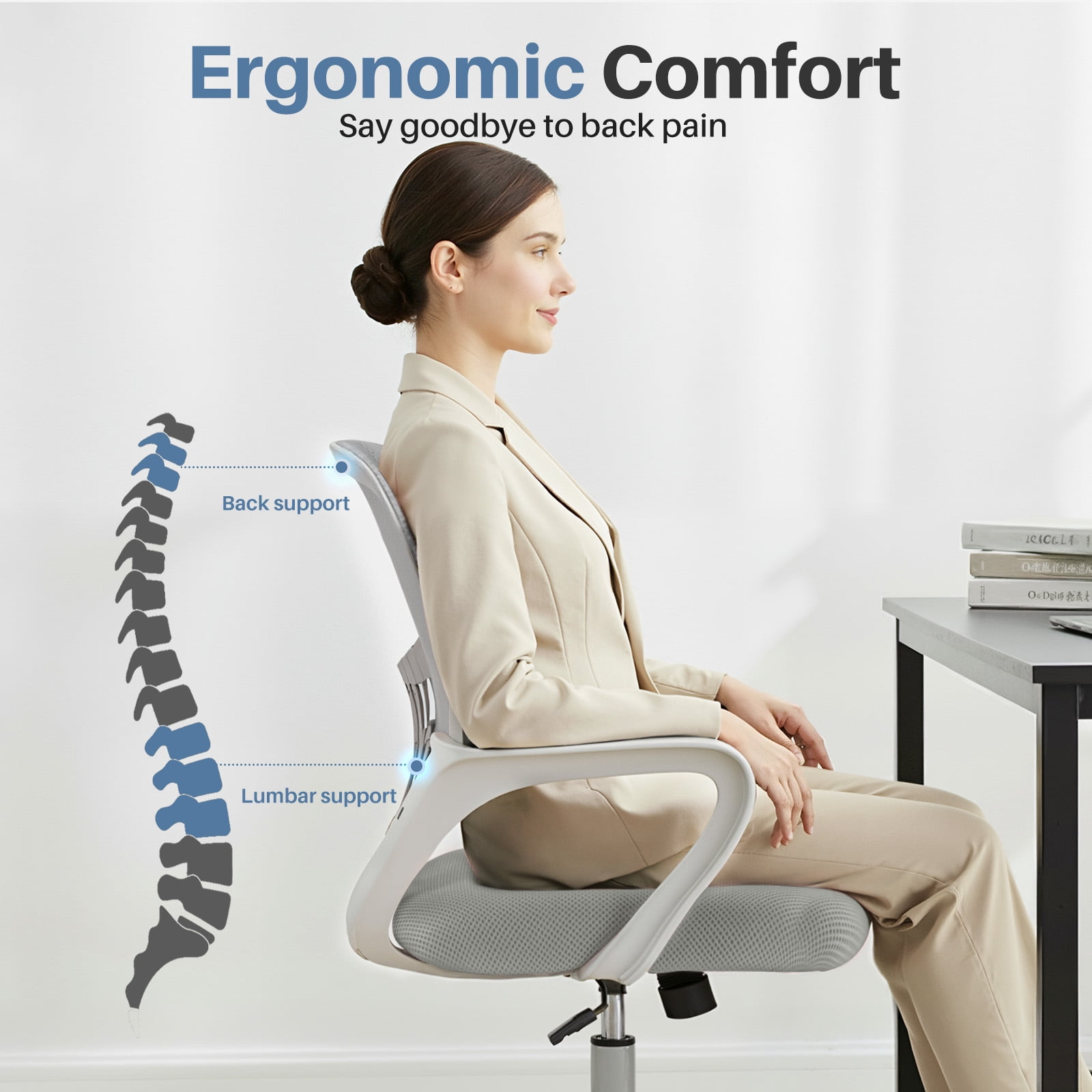 EDX Desk Chair with Ergonomic Lumbar Support, Fixed Armrests & Removable Footrest - 250lbs Capacity, Suitable for Home, Office, Bedroom, Gray