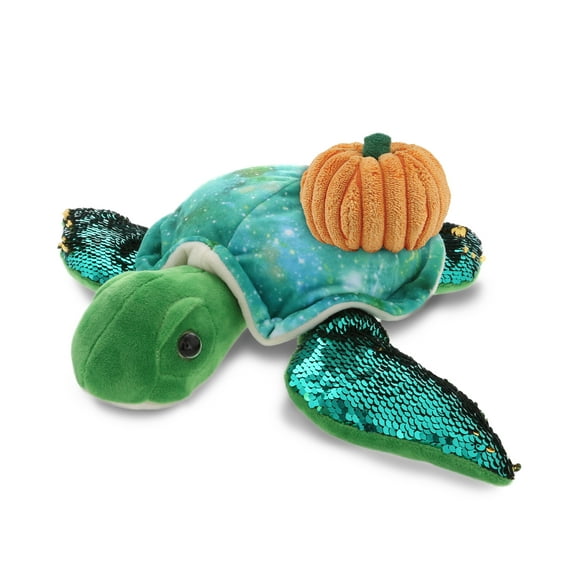 DolliBu Super Soft Space Sequin Plush Green Sea Turtle Stuffed Animal with Pumpkin Decor - Pumpkin Plush Animal for Fall, Halloween and Thanksgiving, Pumpkin Toy for Baby, Kids, Adults - 13 Inches