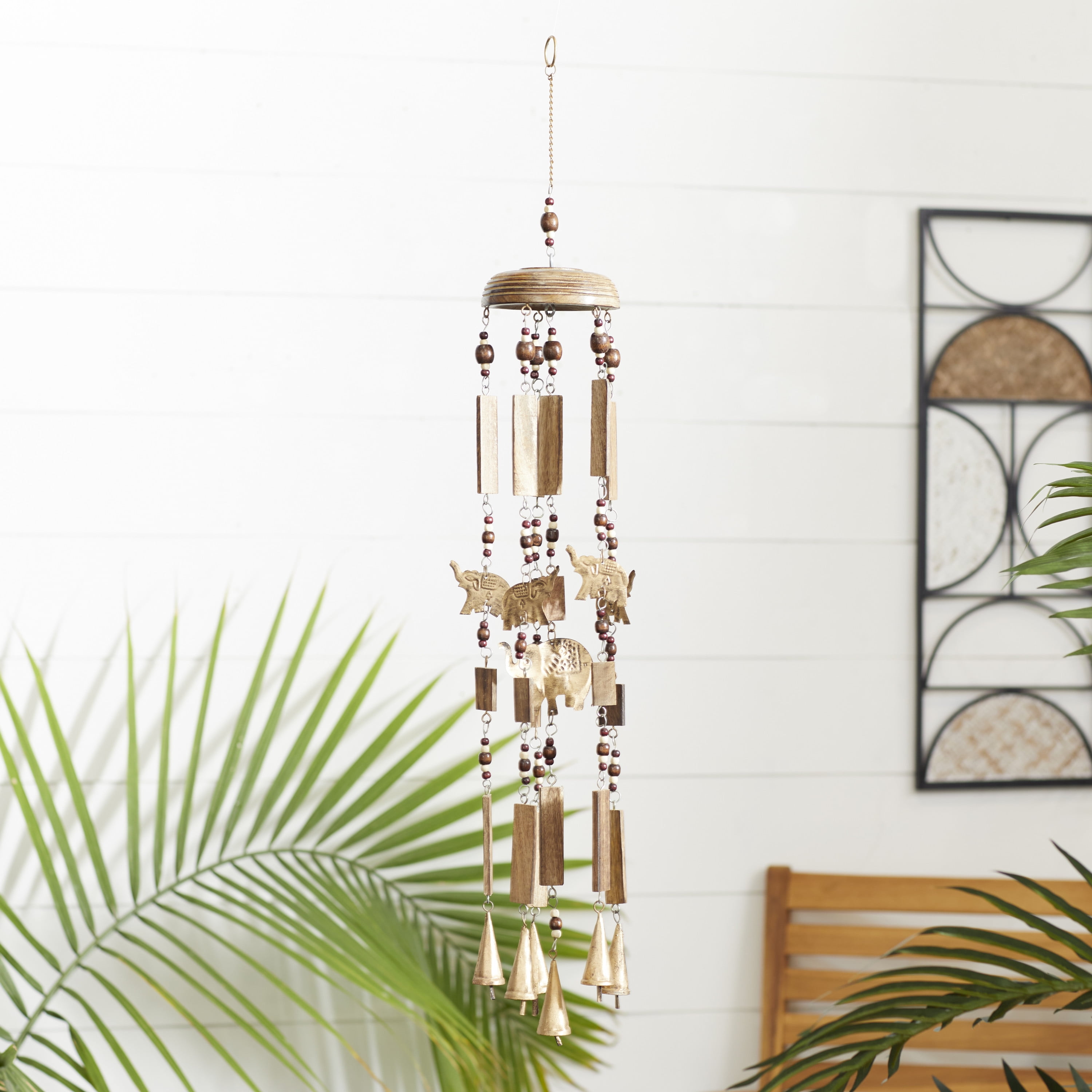 DecMode 32" Brown Wood Elephant Windchime with Beads and Cone Bells